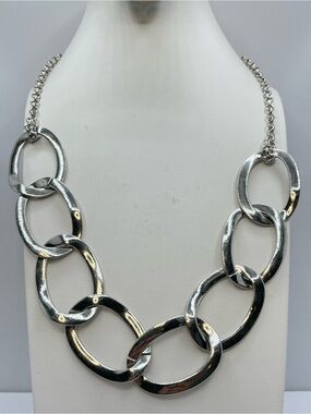 Silver Tone Oversized Oval Link Chain Statement Necklace Adjustable